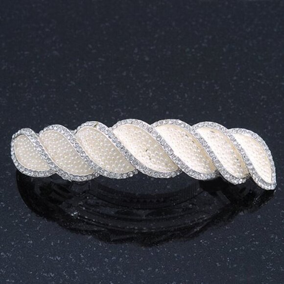 Bridal Wedding Prom Silver Tone Pearl Diamante Hair Clip Grip 85mm main image 6